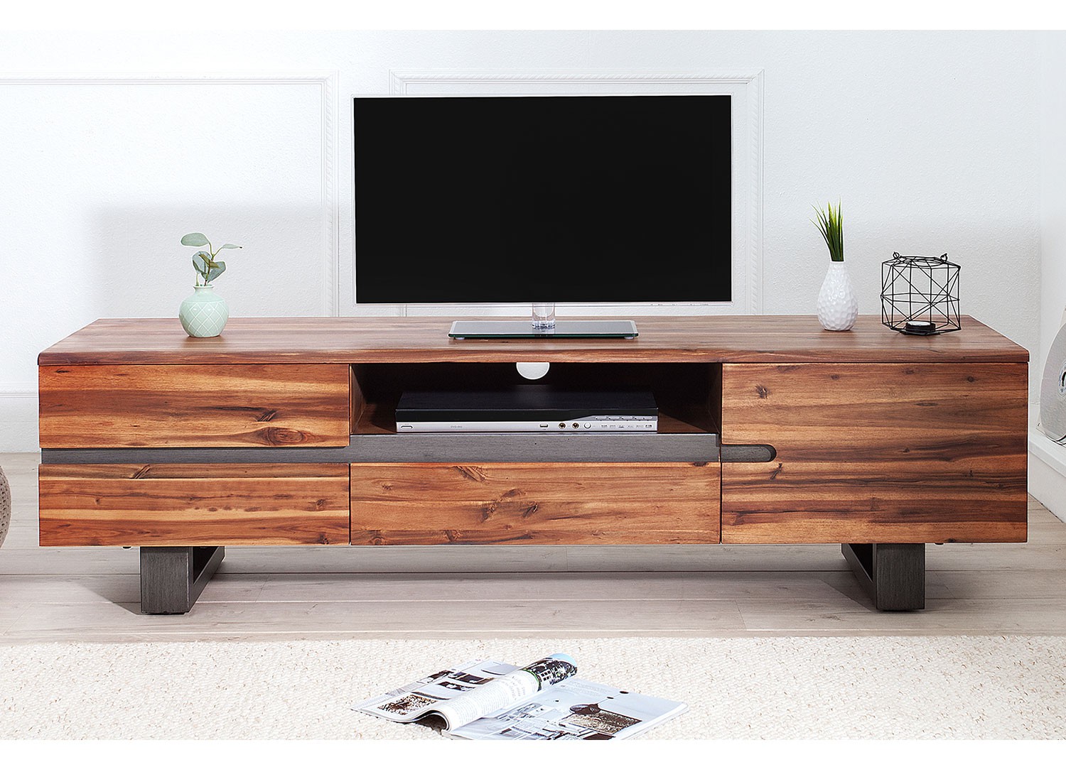 Meuble tv bois massif en acacia pied luge industriel