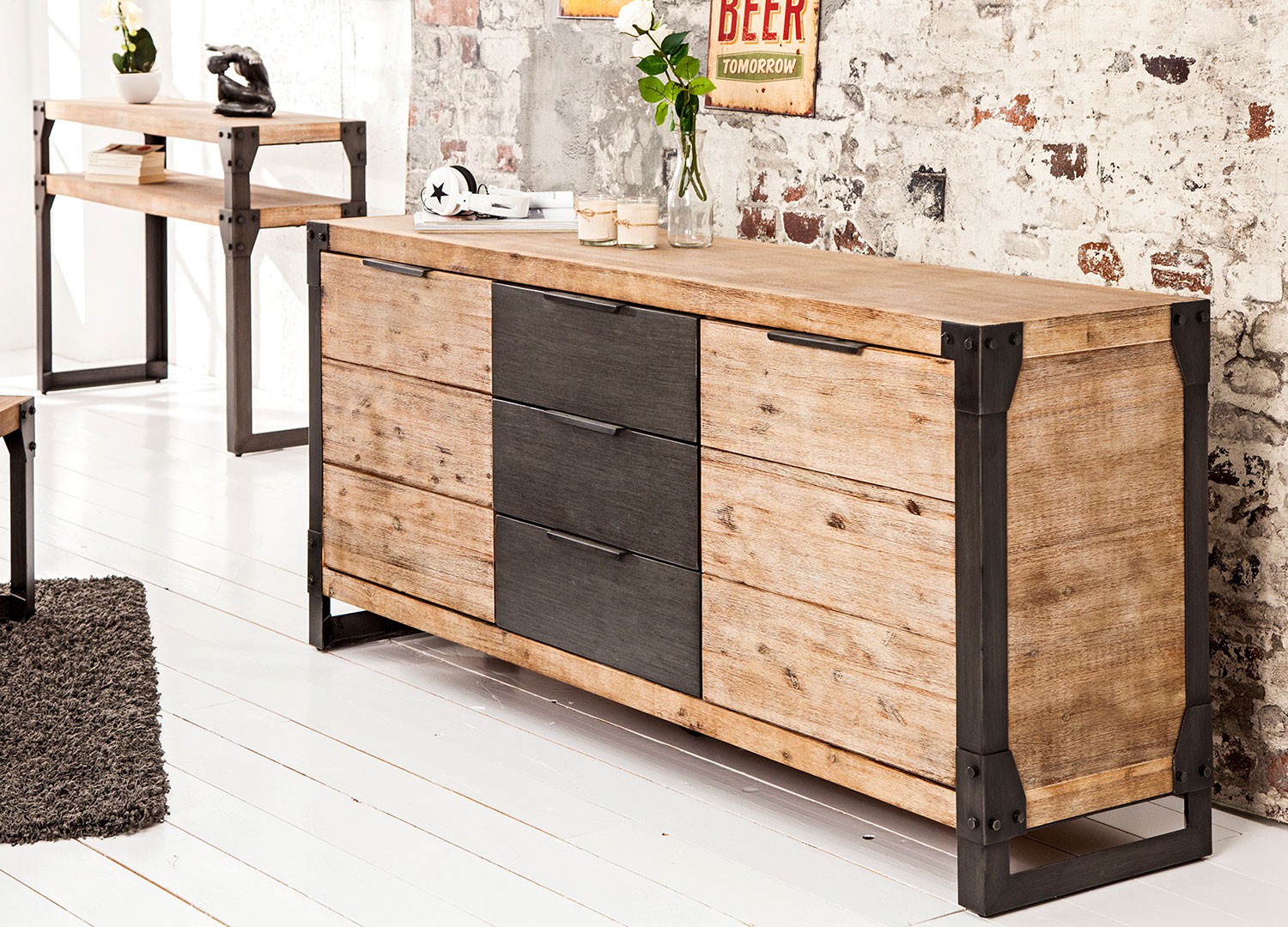 Buffet industriel acacia massif teck gris chaulé