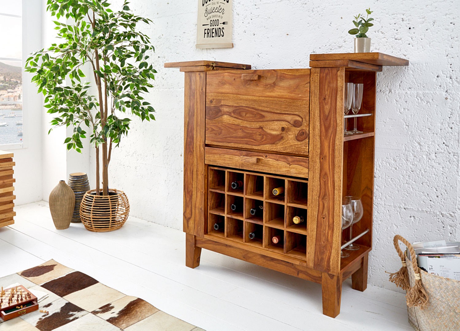 Meuble bar à porte rabattable en bois massif de sesham