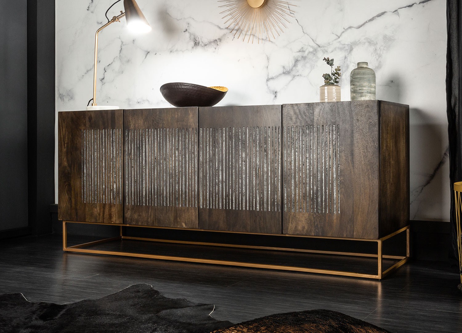 Buffet massif en bois de manguier 177 cm relief pierre d'agate