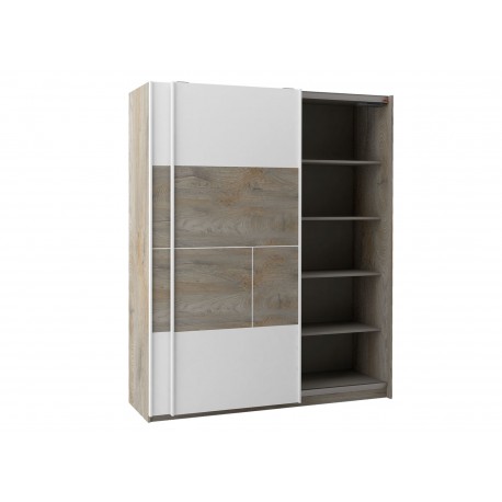 Armoire 2 portes coulissantes blanc laqué mat et bois