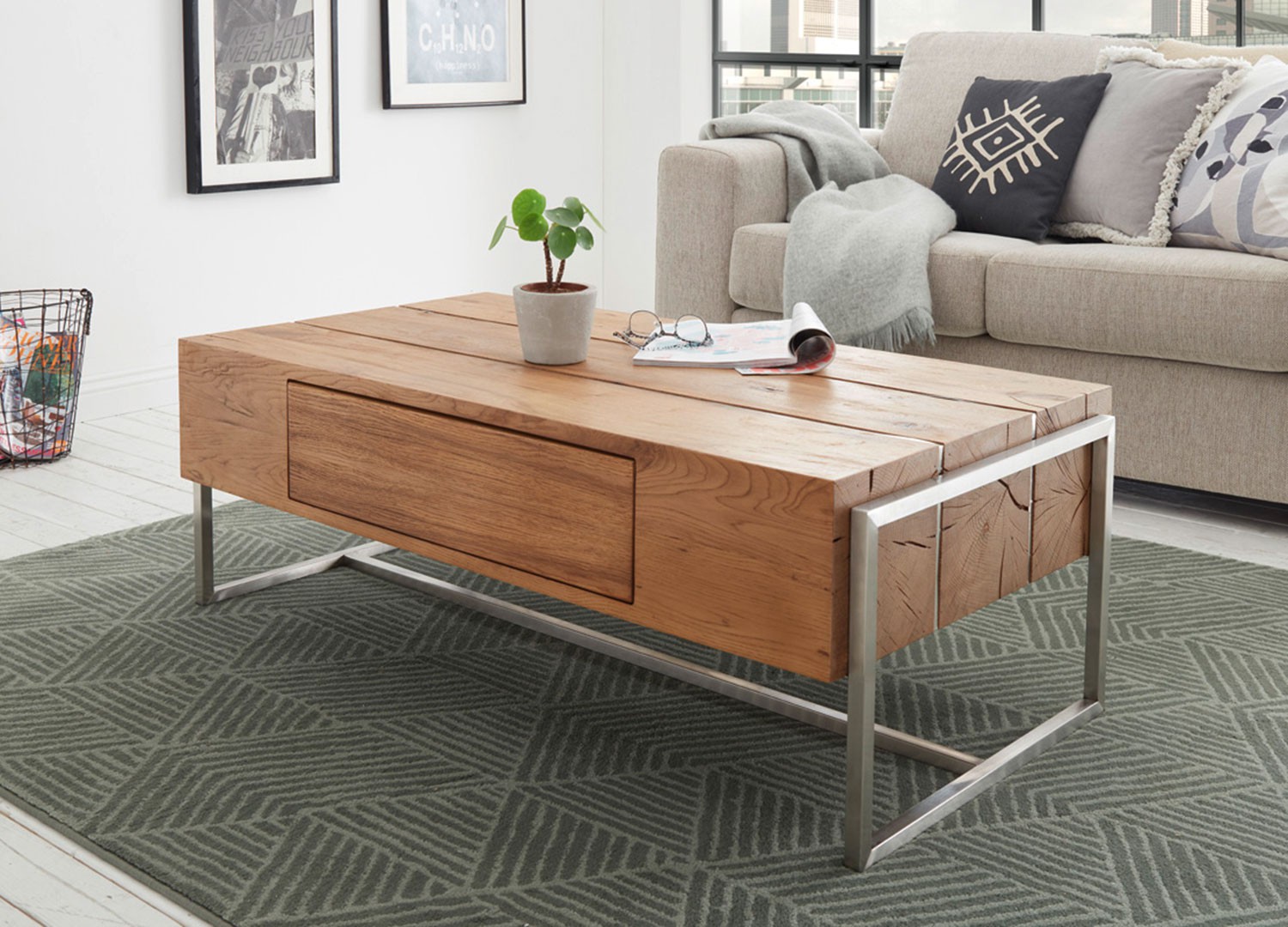 Table basse rectangulaire 1 tiroir pied en acier brossé