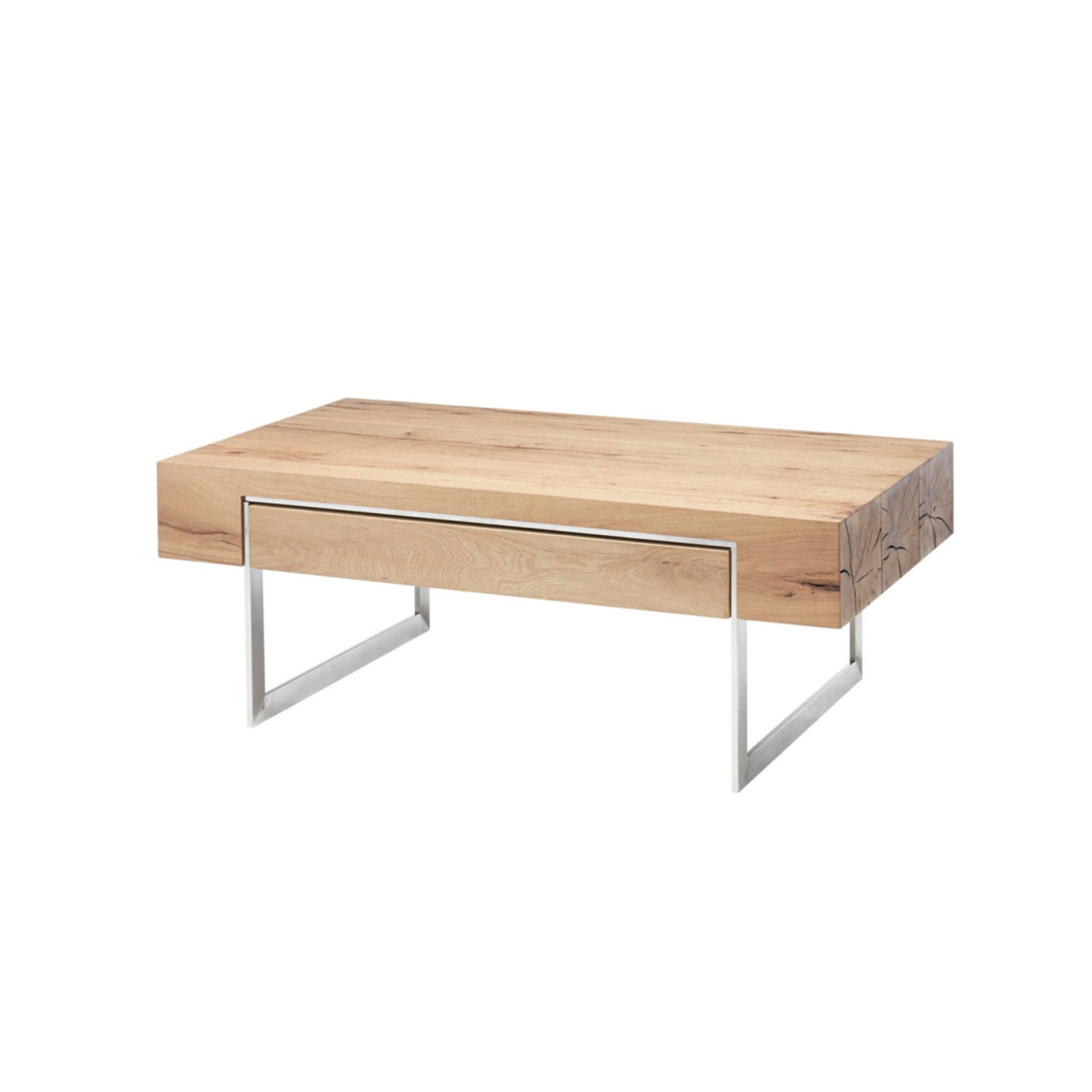 Table basse rectangulaire 1 tiroir à double compartiment pied en acier brossé