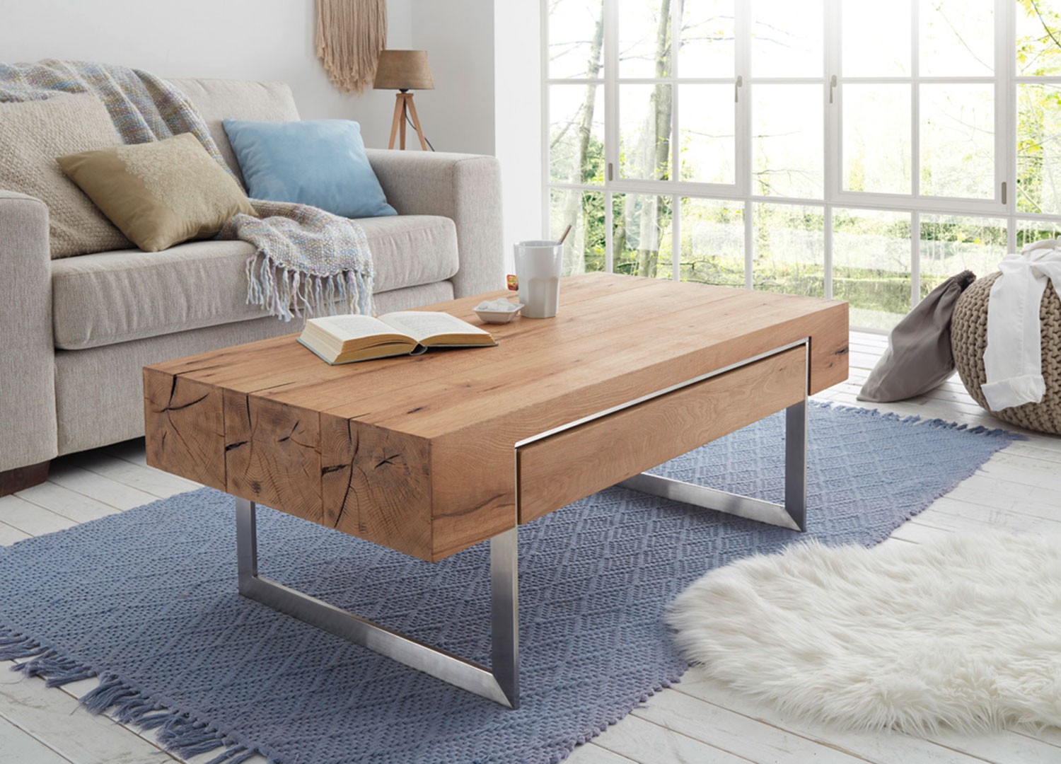 Table basse rectangulaire 1 tiroir à double compartiment pied en acier brossé