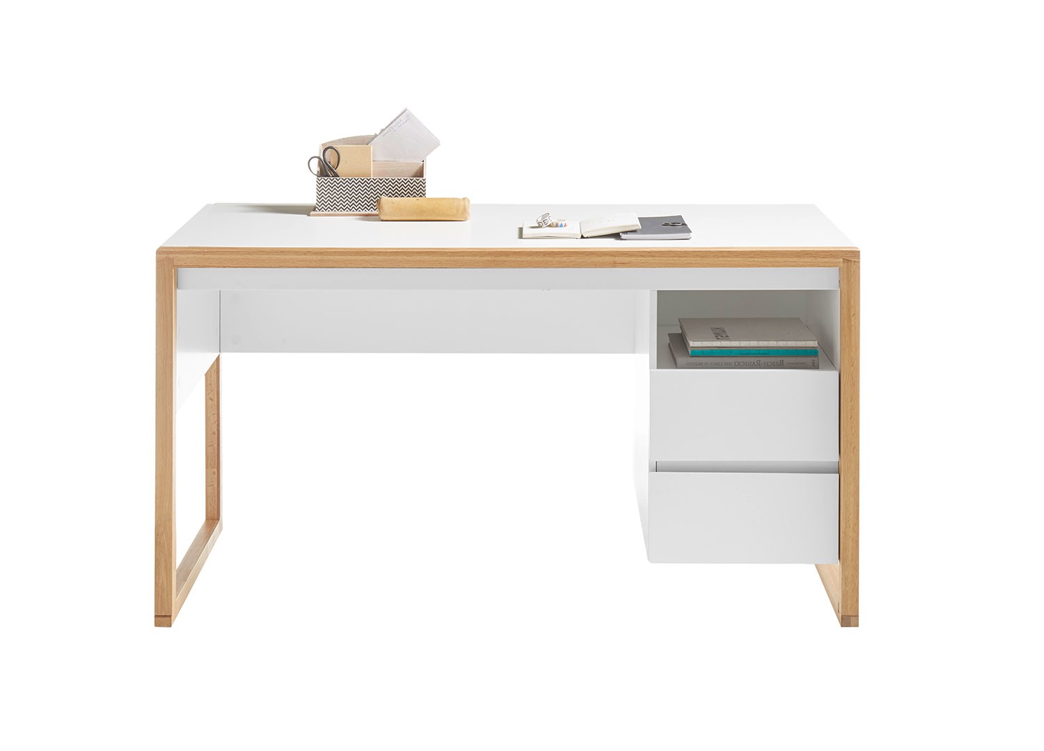 Bureau Blanc Laque Mat Et Bois Naturel 1m40 Cbc Meubles
