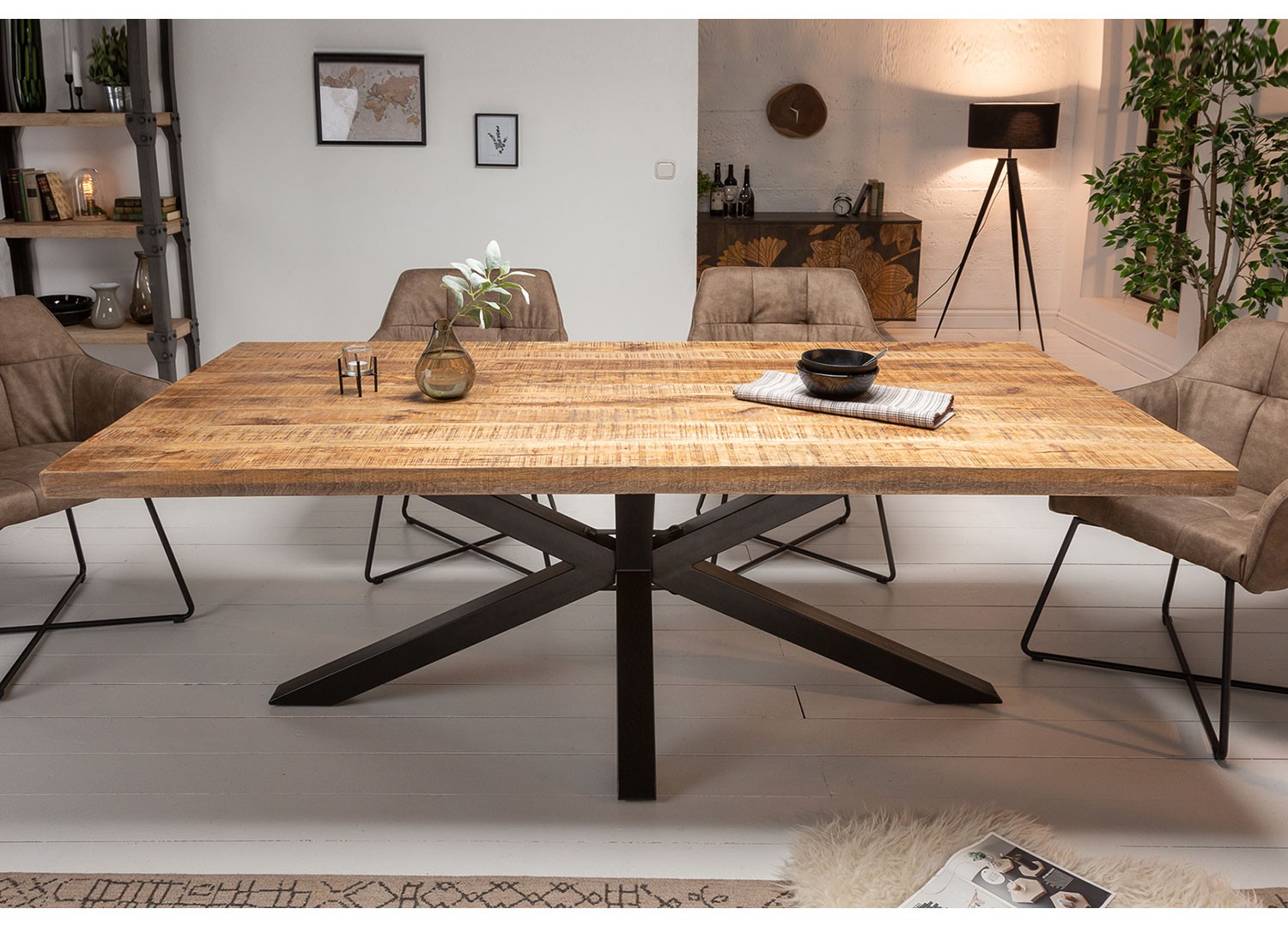 Table à manger bois massif manguier métal rectangulaire 2m