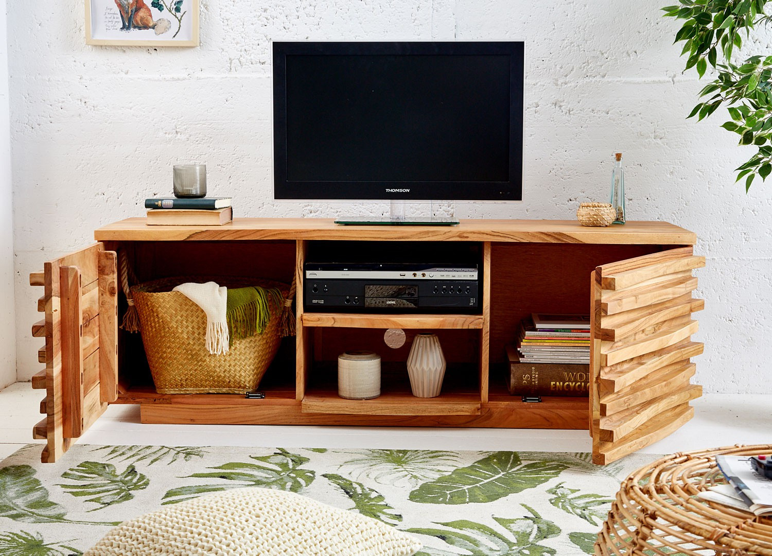 Meuble TV bois massif d'acacia 2 portes et 2 compartiments 1m50 Cbc