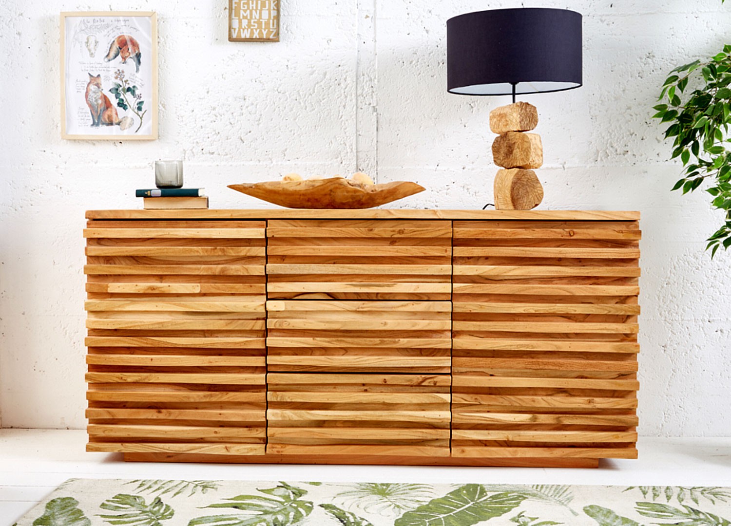 Buffet bois massif d'acacia 2 portes et 3 tiroirs 1m60