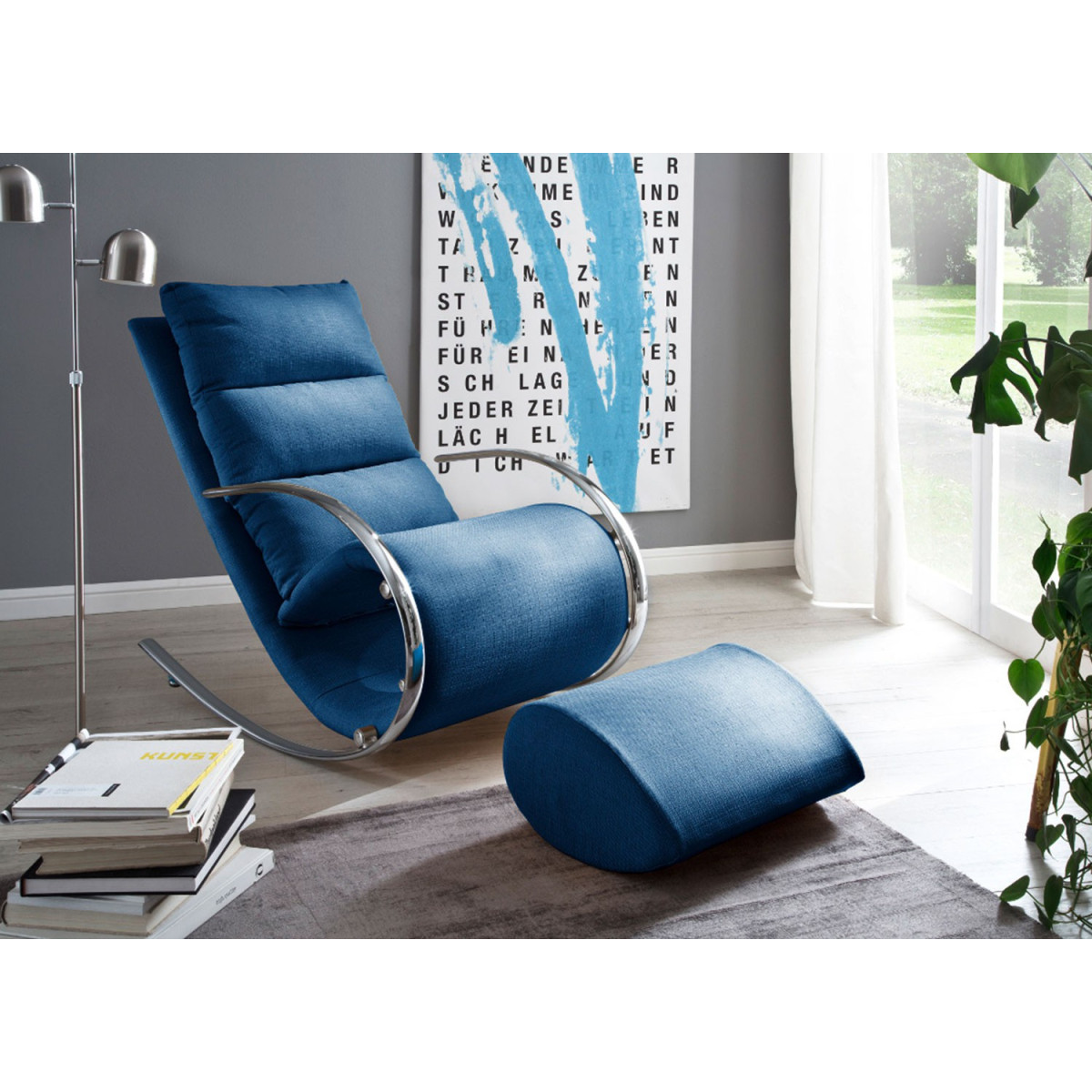 Fauteuil relax design tissu bleu + repose pieds