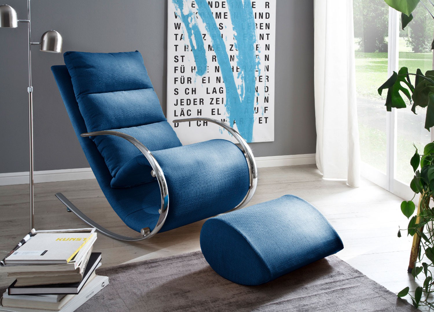 Fauteuil relax design tissu bleu + repose pieds