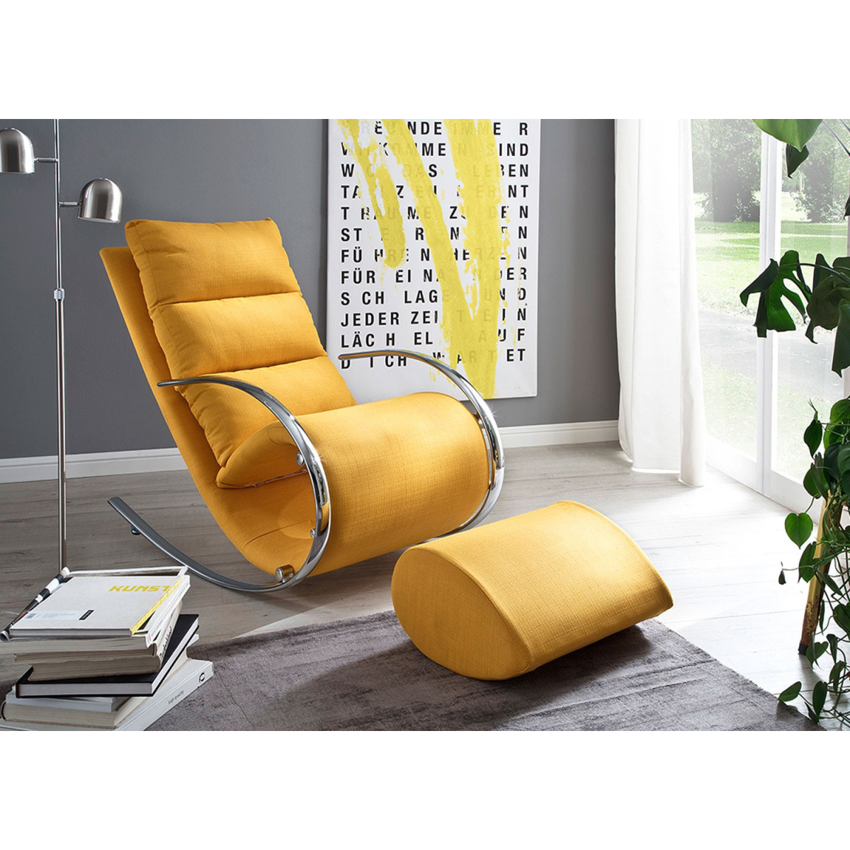 Fauteuil relax design tissu jaune + repose pieds