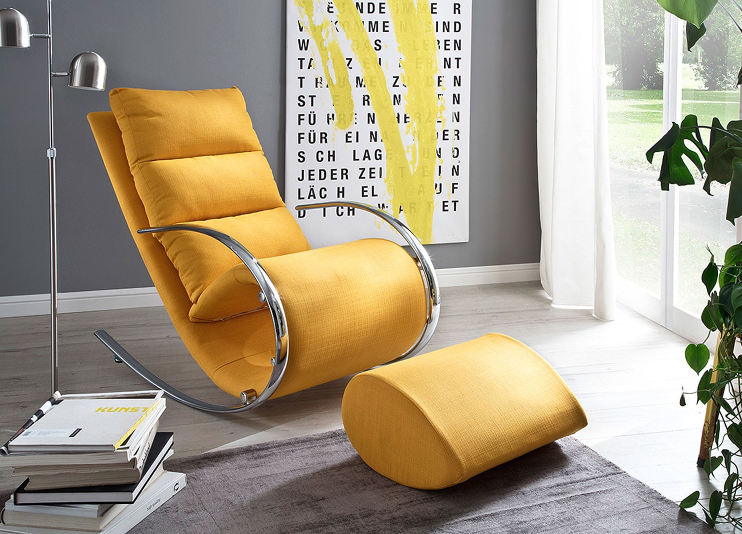 Fauteuil relax design tissu jaune + repose pieds