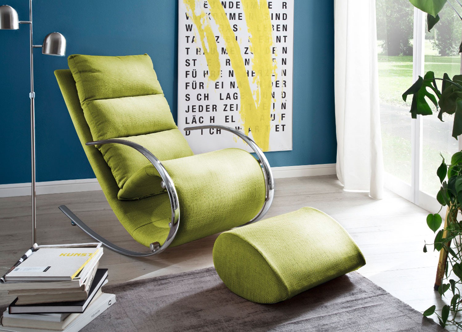 Fauteuil relax design tissu vert + repose pieds