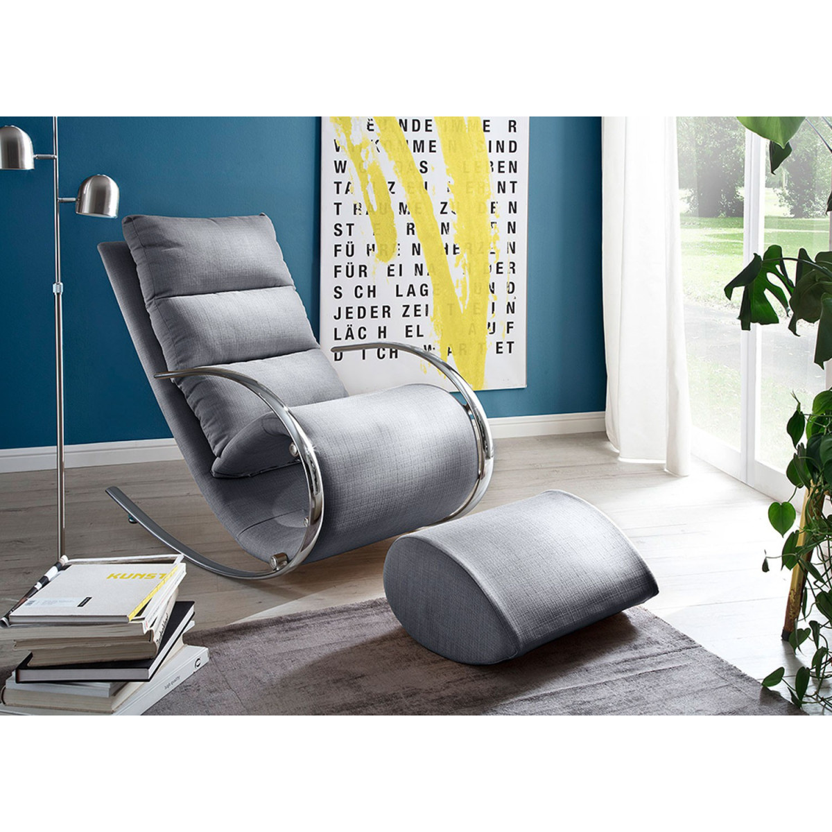 Fauteuil relax design tissu gris + repose pieds