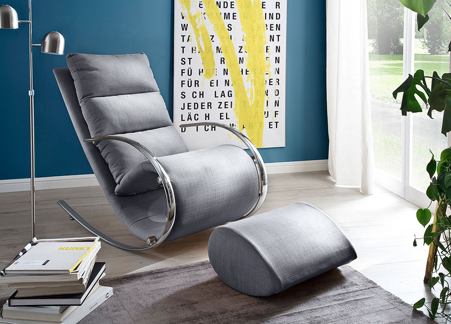 Fauteuil relax design tissu gris + repose pieds