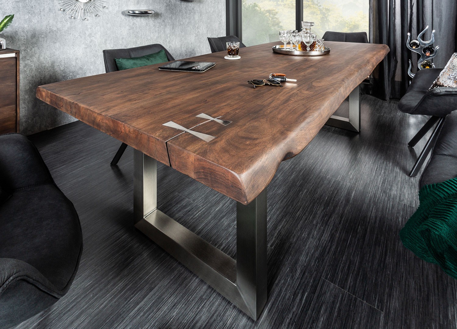 Table à manger bois massif acacia 2m et pied acier inoxydable