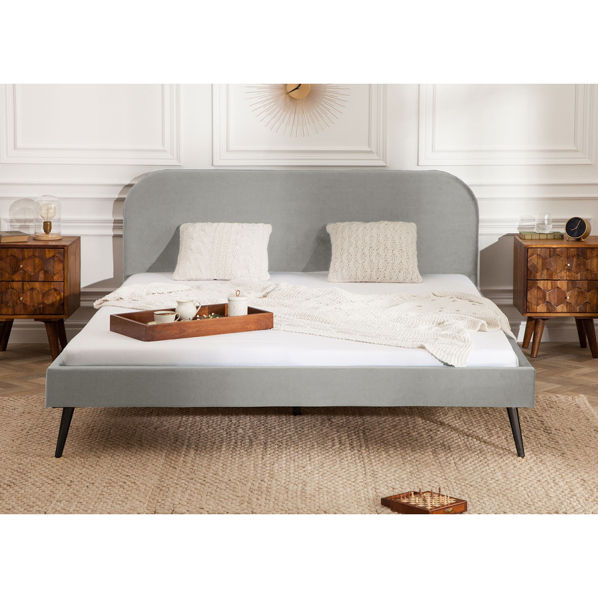Lit design velours gris 140x200 cm