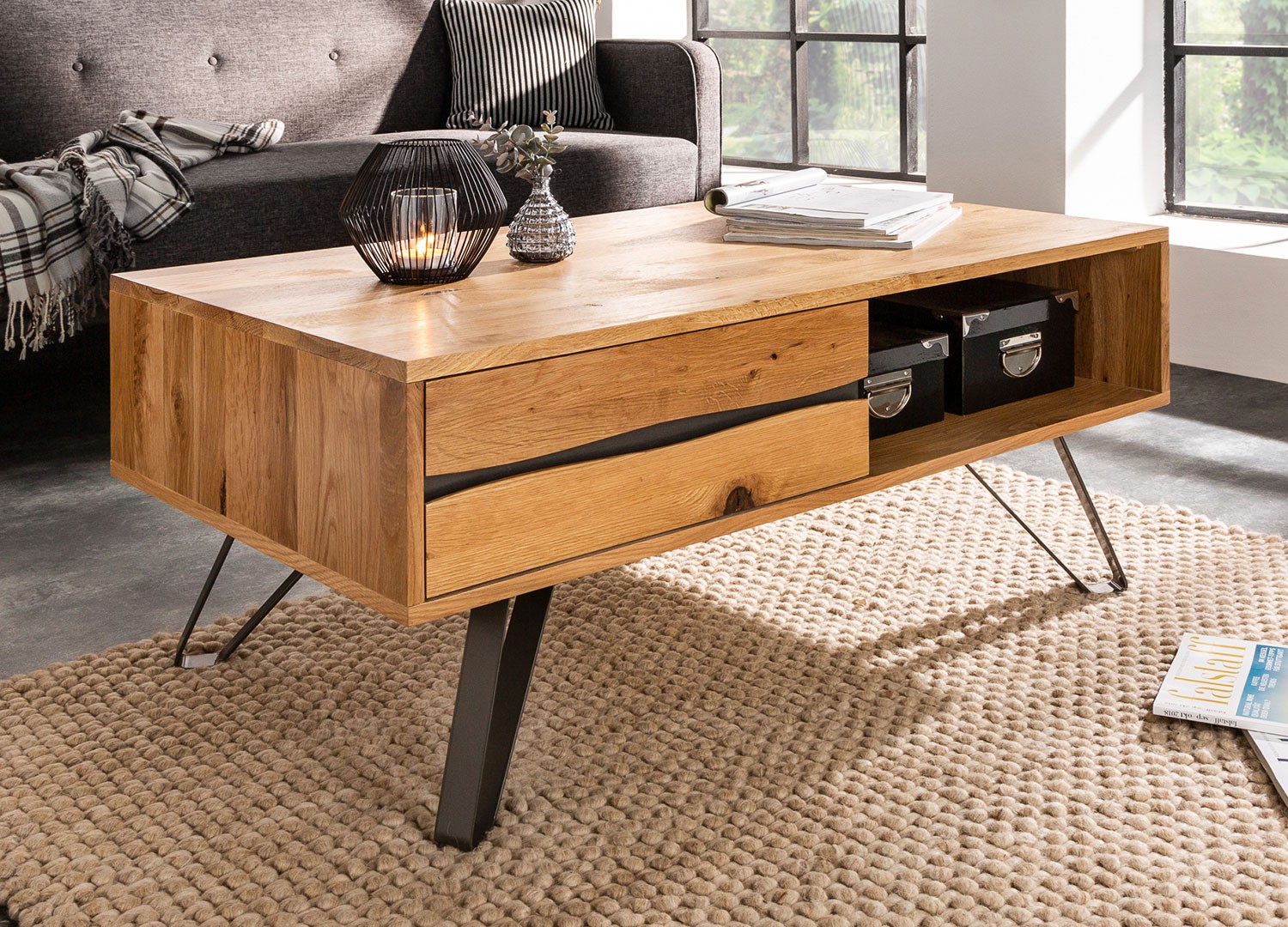 Table basse rectangulaire en bois massif et métal anthracite