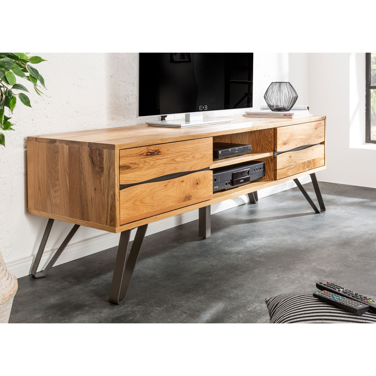 Meuble tv en bois massif et pied métal 160 cm