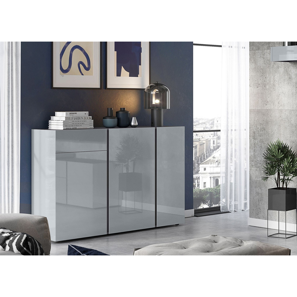 Buffet design verre gris 3 portes et 1 tiroir