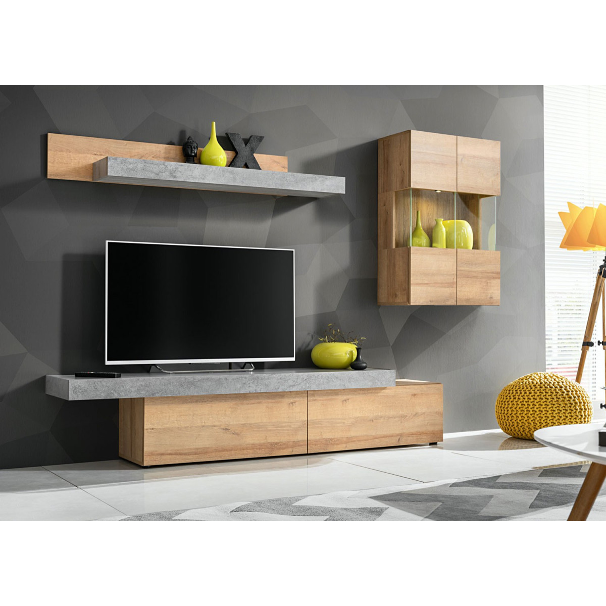 Meuble tv design bois et béton 2m50