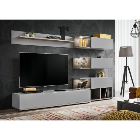 Meuble TV design mural gris et bois