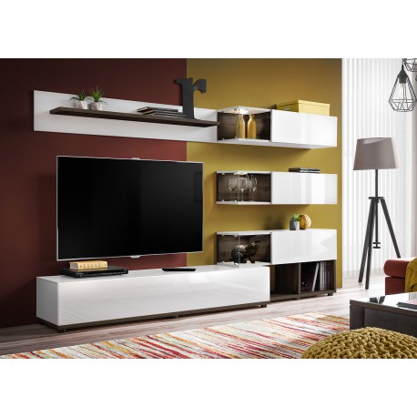Meuble TV design mural blanc et marron foncé