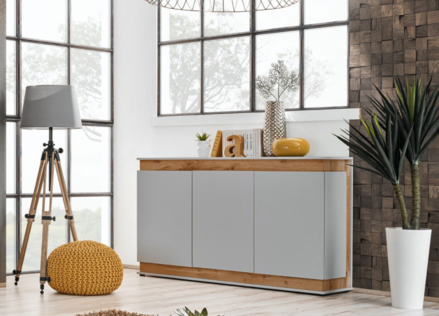 Buffet design gris perle et chêne 3 portes - Cbc-Meubles