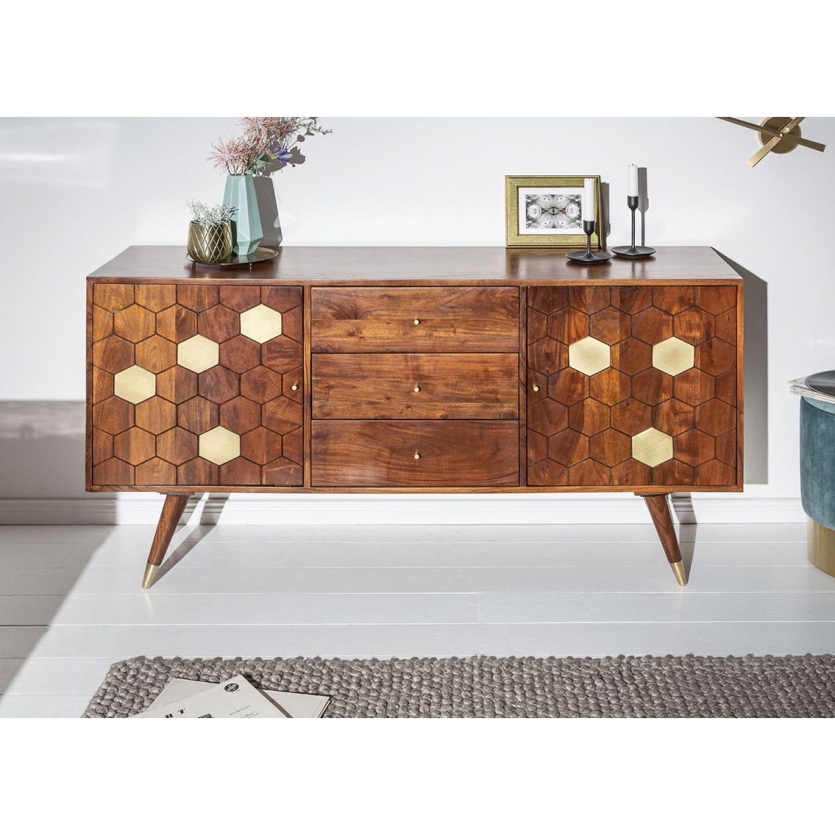 Buffet en bois massif d'acacia brun et or à motifs mosaïque