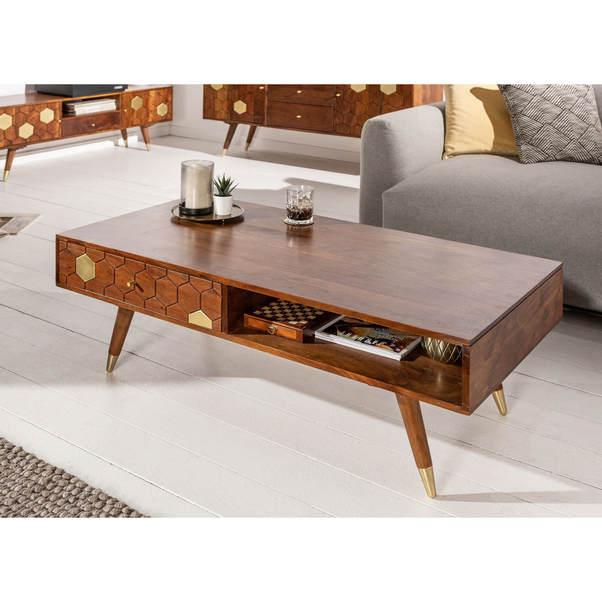 Table basse rectangulaire bois massif 2 tiroirs 117 cm