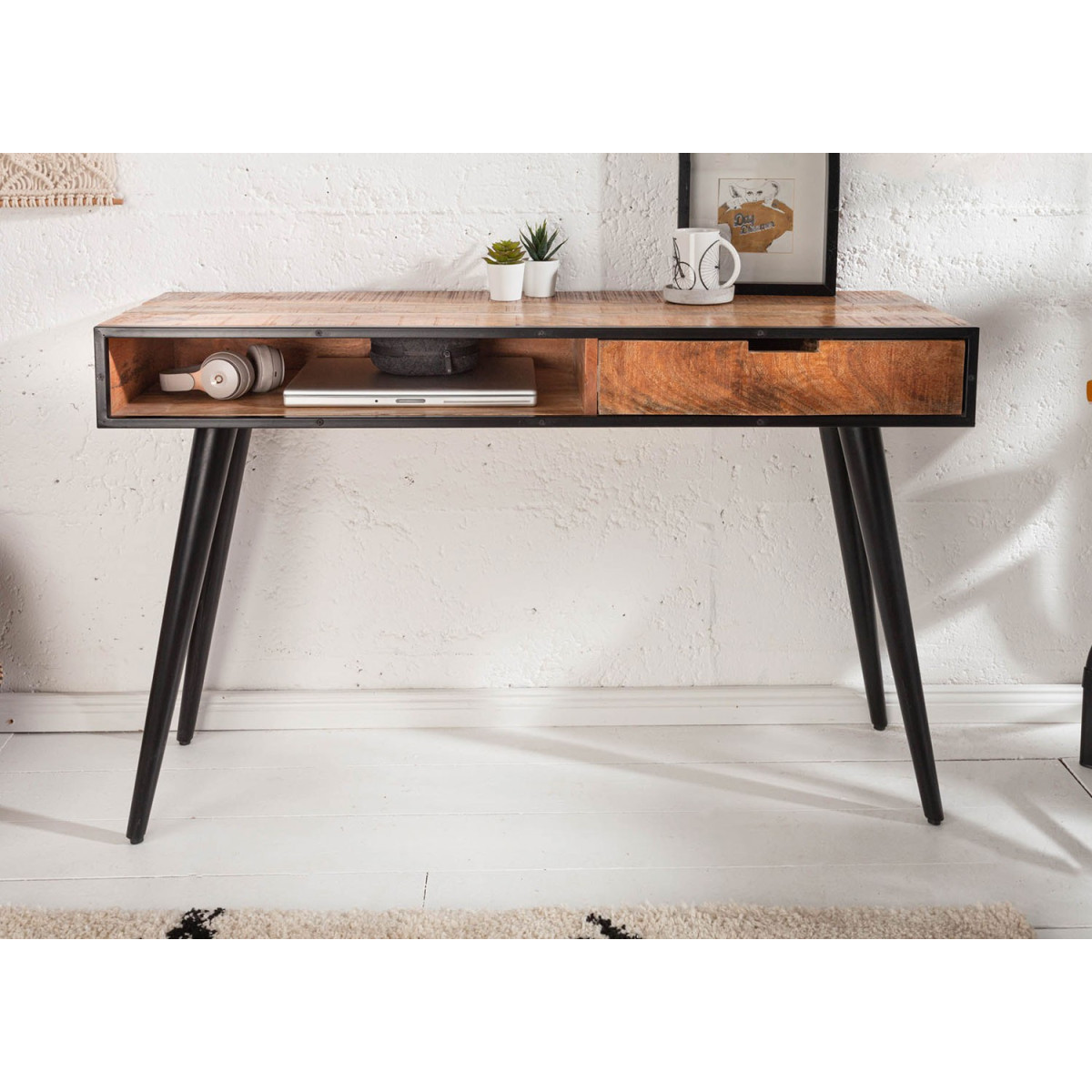 Console en bois massif et pied noir métal 120 cm