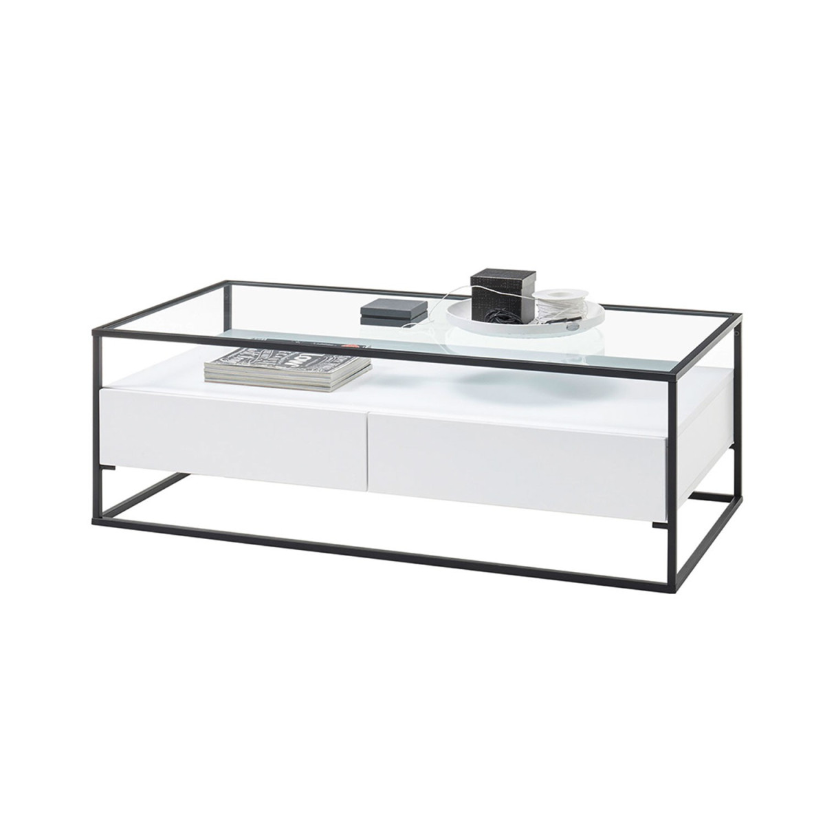 Table basse blanche rectangulaire avec plateau en verre