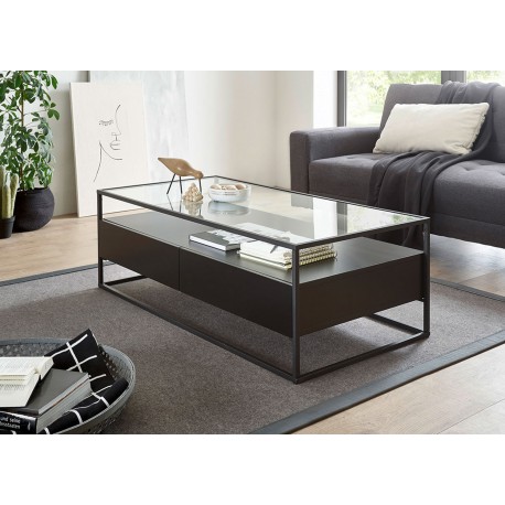 Table basse noir rectangulaire avec plateau en verre