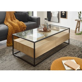Table basse chêne clair rectangulaire avec plateau en verre
