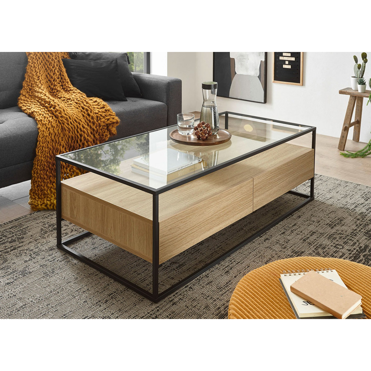 Table basse chêne clair rectangulaire avec plateau en verre