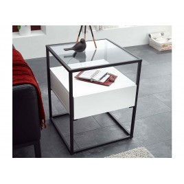Bout de canapé avec tiroir blanc mat et pied noir métal