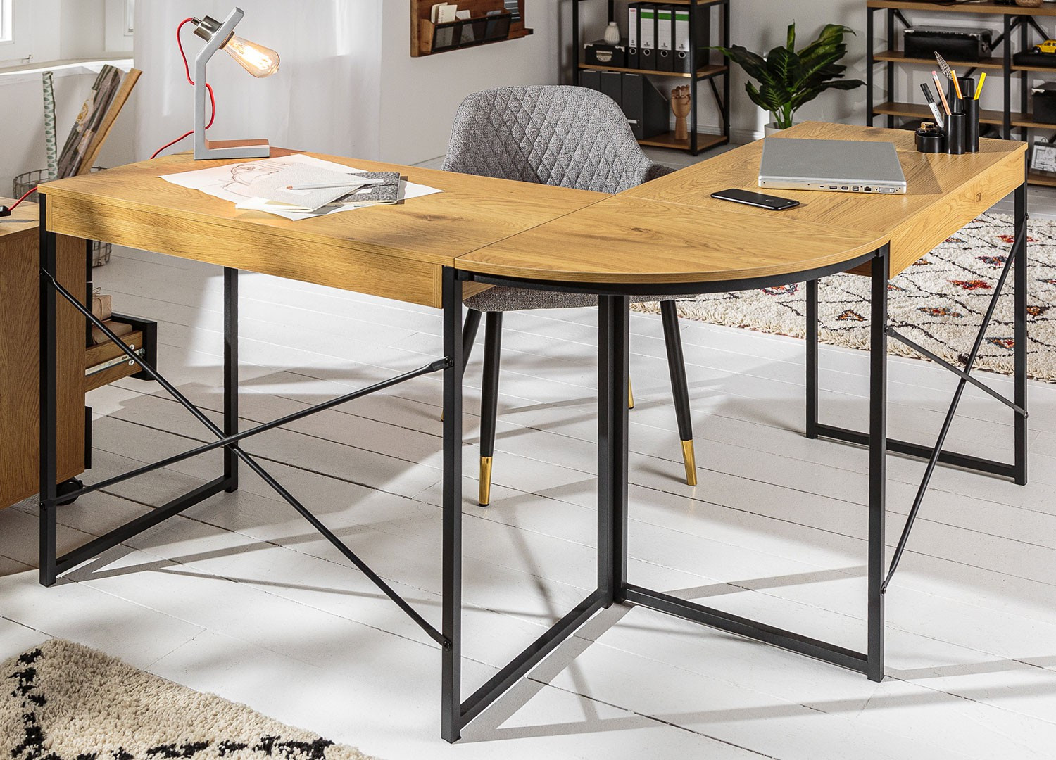 Bureau d'angle design chêne naturel et pied métal noir - Cbc-Meubles