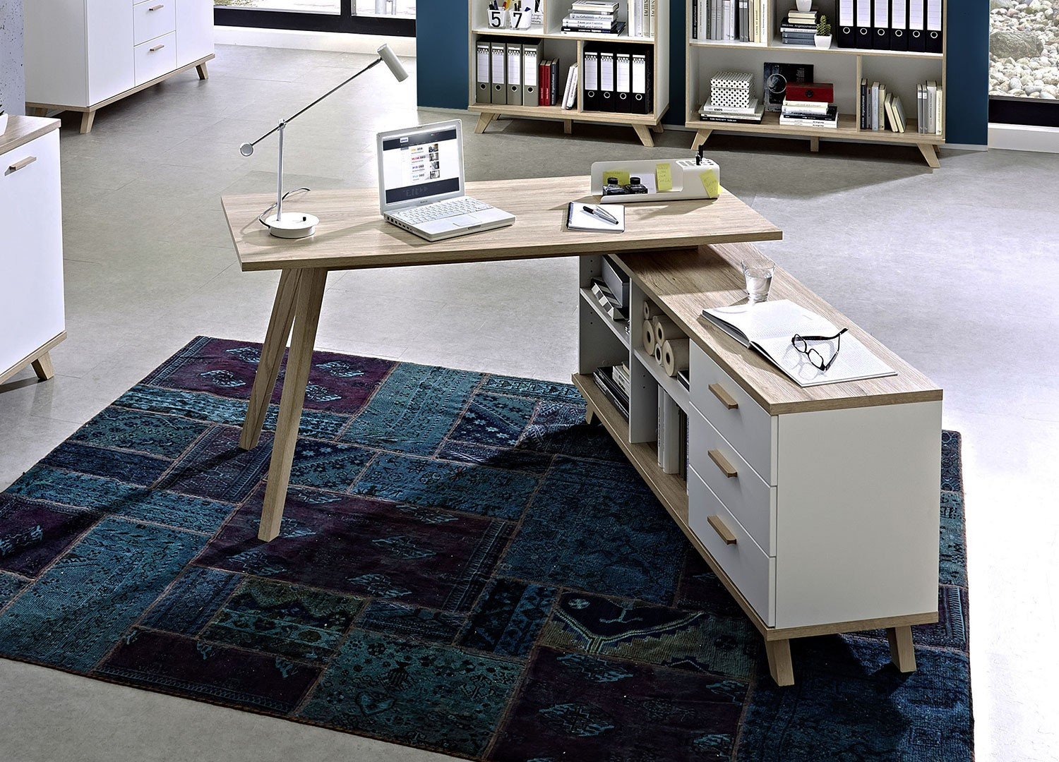 Alter - Bureau avec tiroirs et plateau de rangement, Made in Italy, Table  Minimal, bureau PC, cm 130x60h75, couleur blanc brillant et érable - Bureaux  - Rue du Commerce