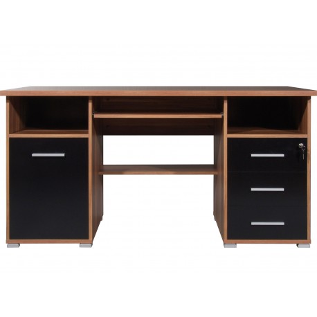 Bureau informatique noir et noyer avec caisson de rangement