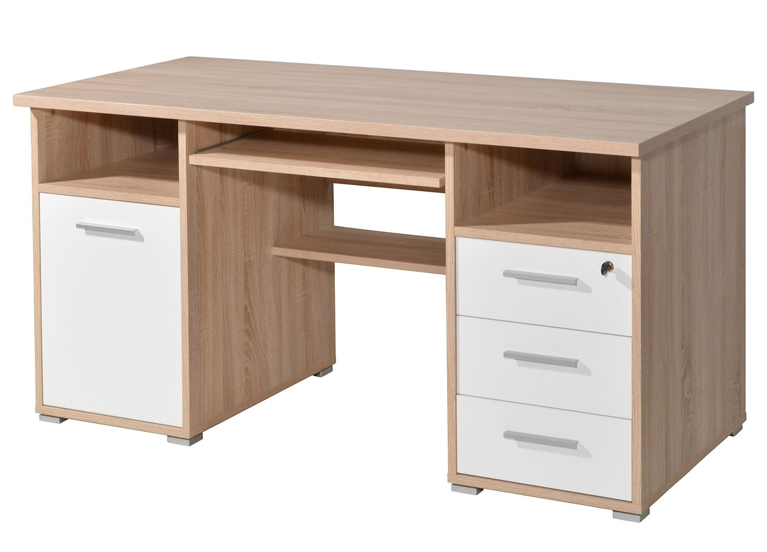 Bureau informatique chêne sonoma et blanc avec caisson de rangement -  Cbc-Meubles