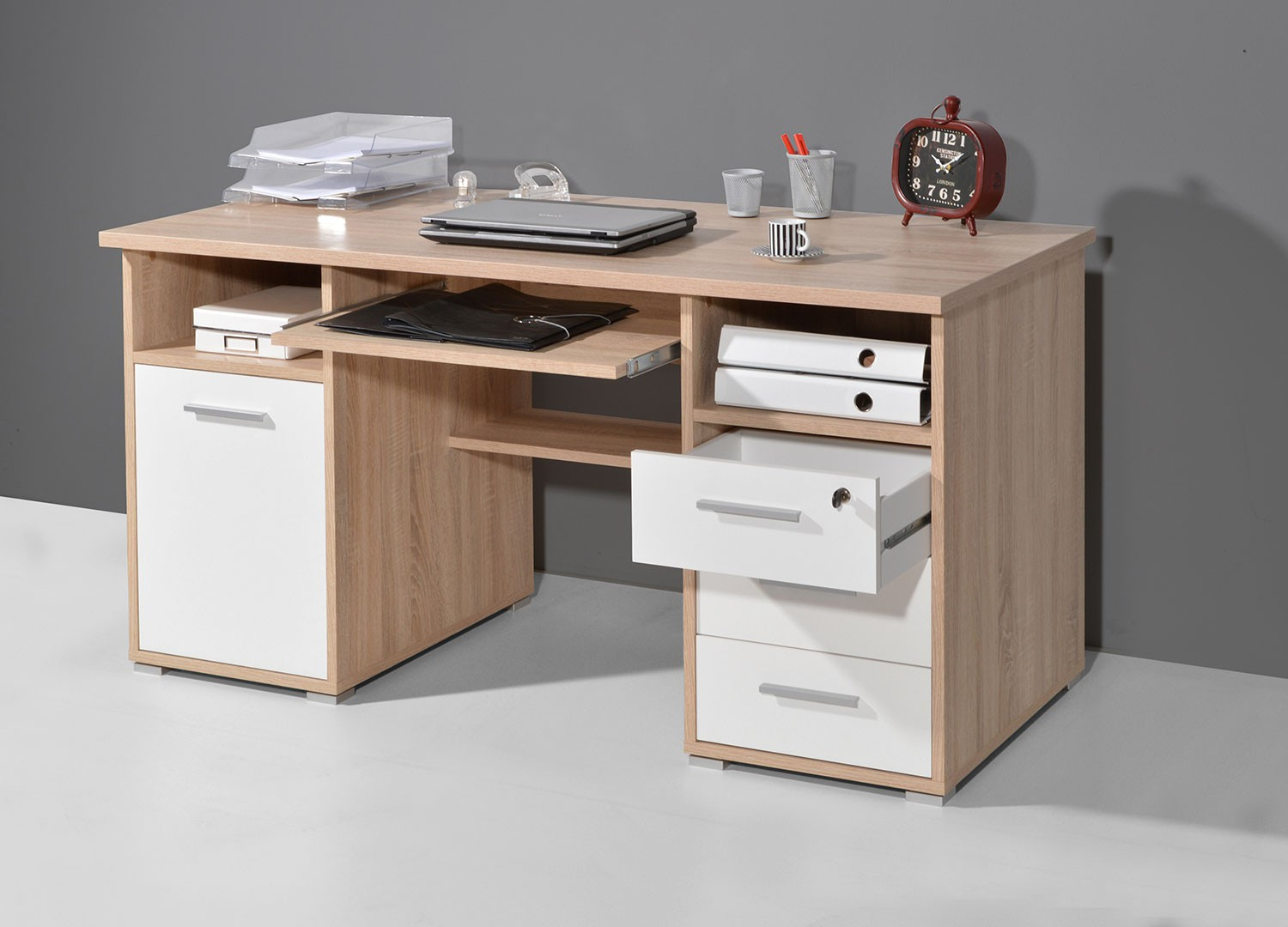 Petit Bureau Informatique - Roulant - Blanc/aspect Bois De Chêne