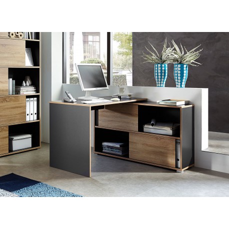 Bureau d'angle avec rangement gris et chêne sonoma