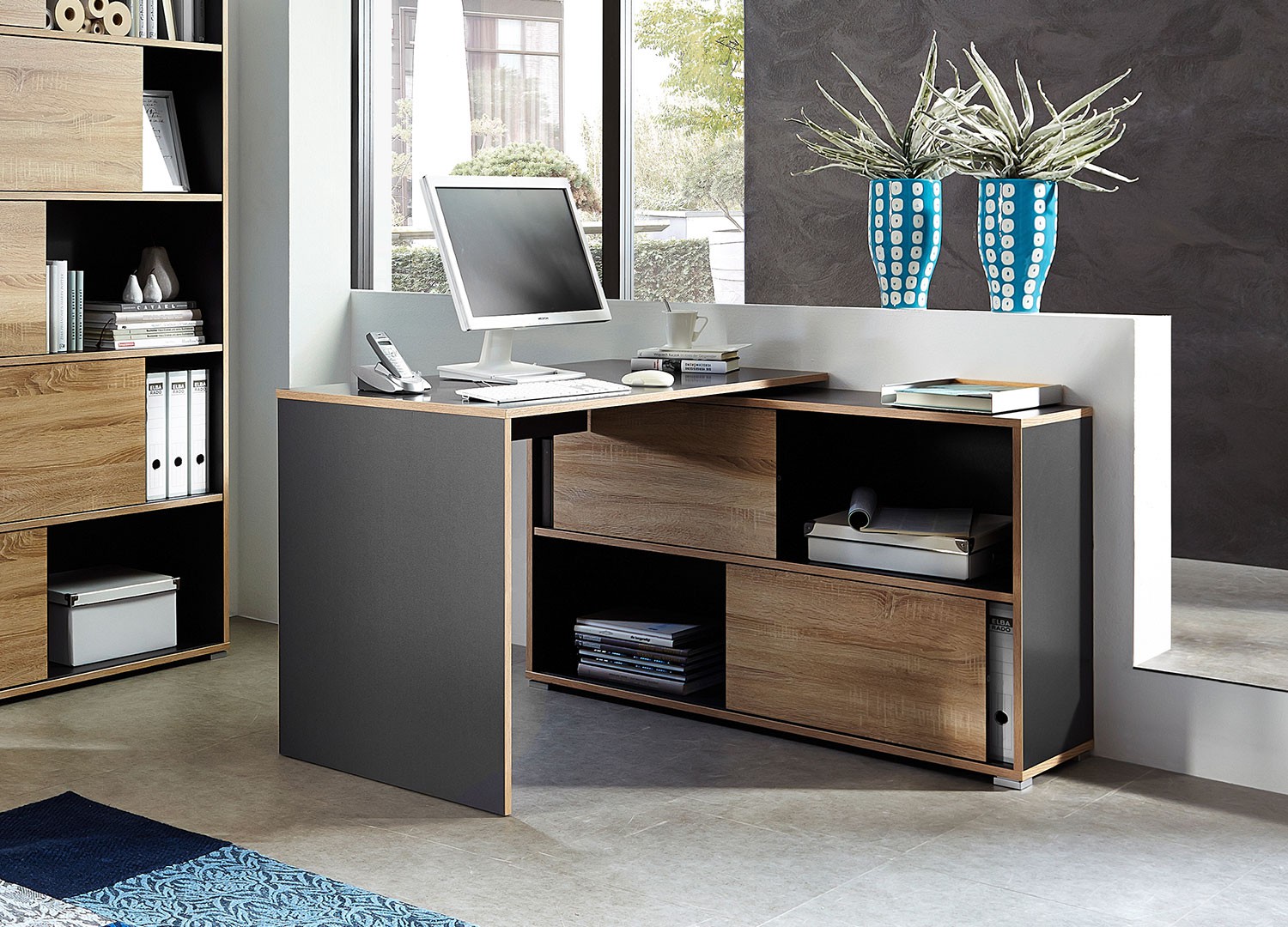 Bureau D Angle Avec Rangement Gris Et Chene Sonoma Cbc Meubles