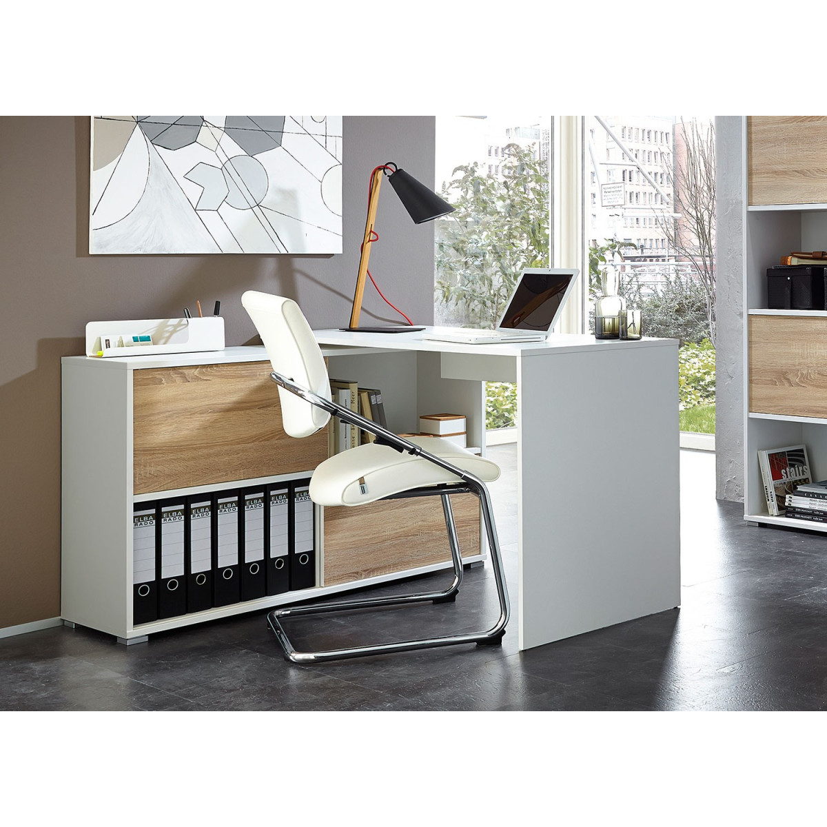 meuble bureau rangement - Blanc & 2 étages en érable – Weihona®