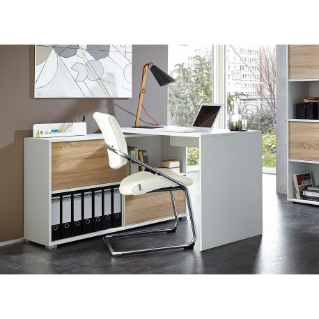 Bureau d'angle avec rangement blanc et chêne sonoma