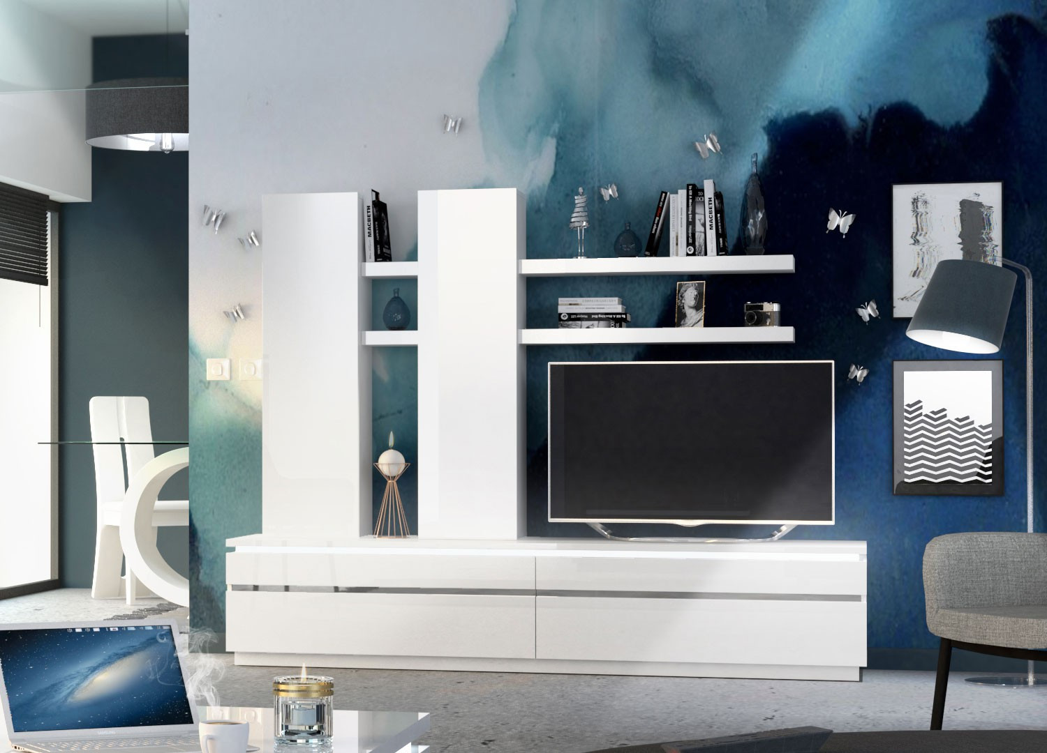 Meuble tv mural laqué blanc brillant lumineux CbcMeubles