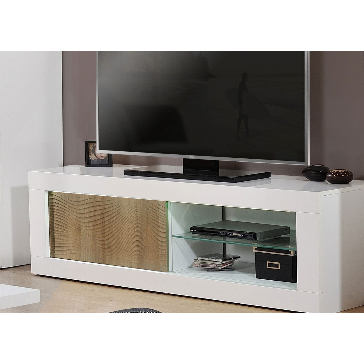 Meuble tv design chêne clair et blanc laqué à led