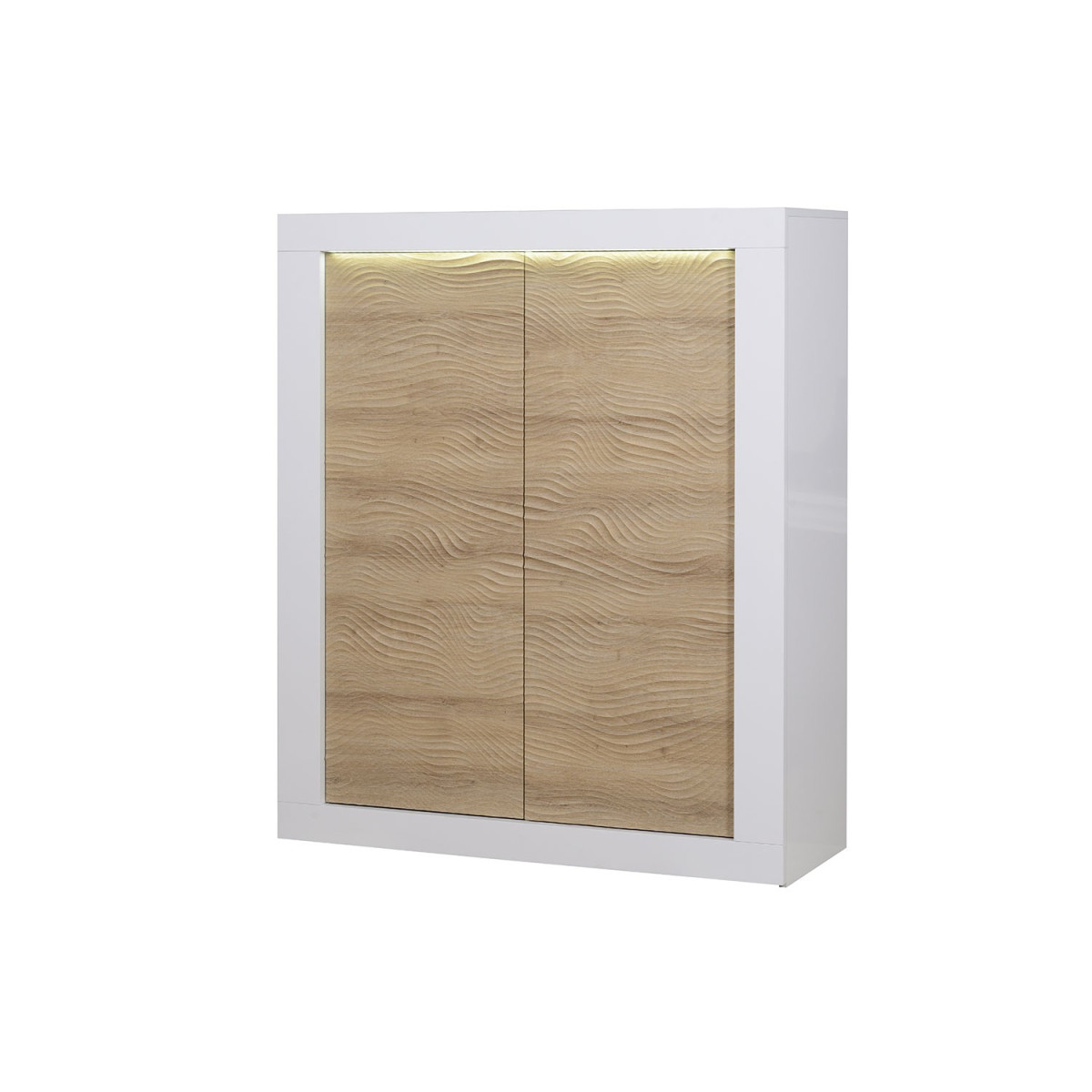 Buffet haut 2 portes blanc et bois à led