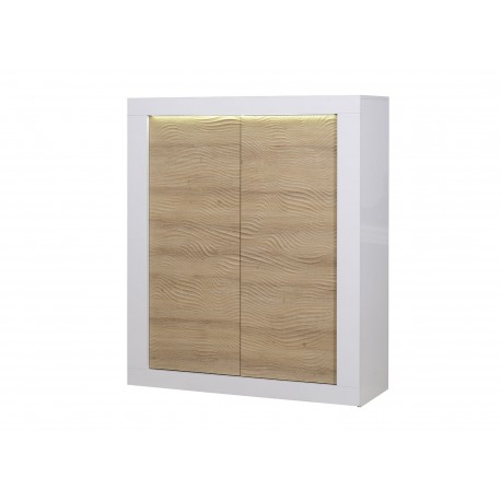 Buffet haut 2 portes blanc et bois à led