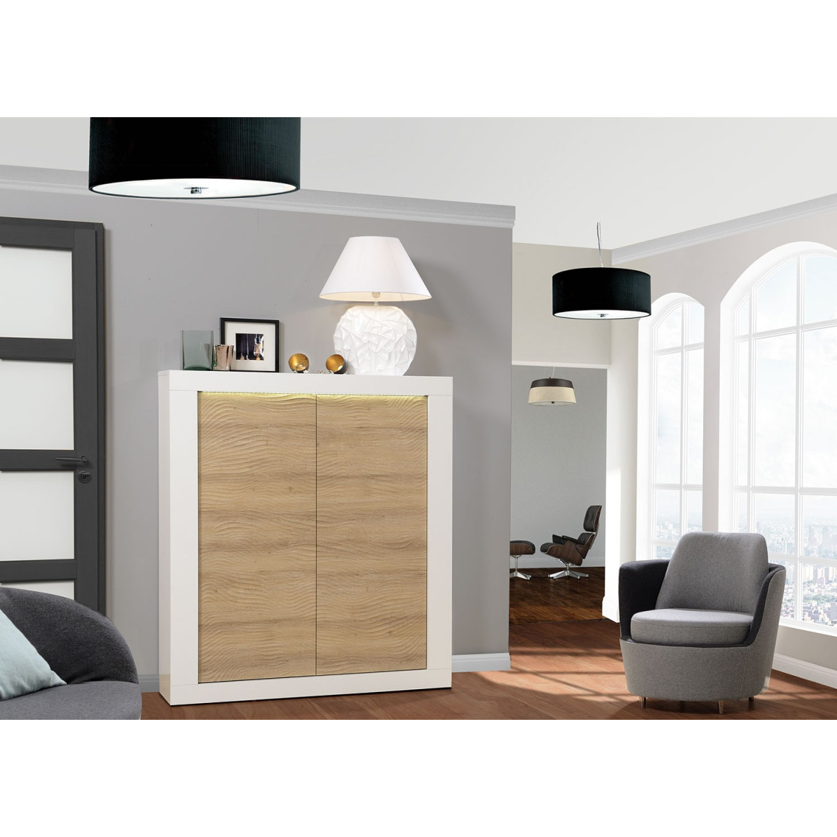 Buffet haut 2 portes blanc et bois à led